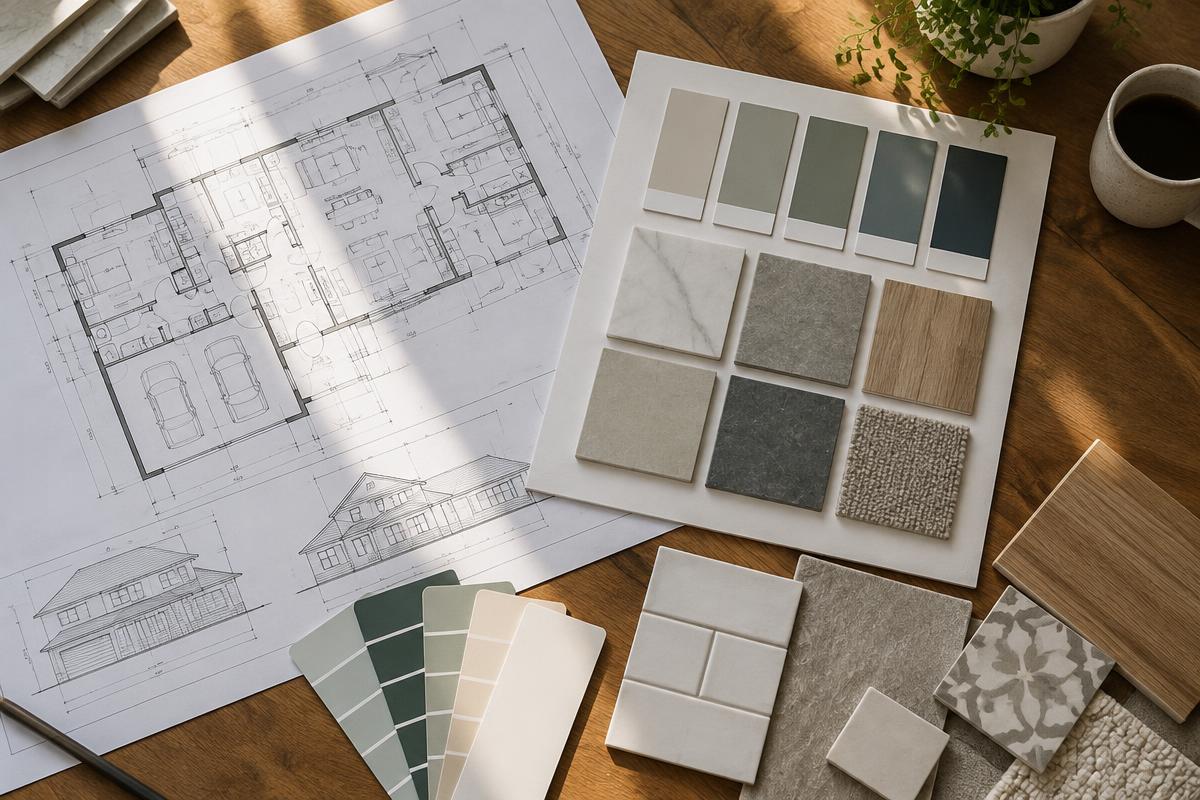 Blueprints and finish selections laid out on a table